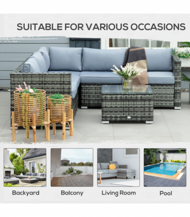 Outsunny 4 Pieces Rattan Furniture Sofa Set Chair w/ Corner Sofa Loveseat Grey