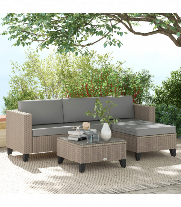 Outsunny 5 PCs Rattan Garden Furniture Set with Glass Coffee Table, Brown
