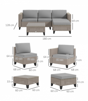 Outsunny 5 PCs Rattan Garden Furniture Set with Glass Coffee Table, Brown