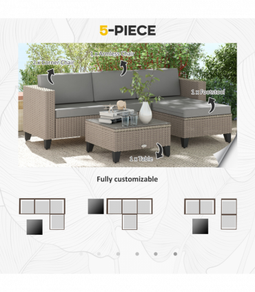 Outsunny 5 PCs Rattan Garden Furniture Set with Glass Coffee Table, Brown