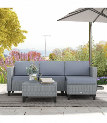 Outsunny 5 PCs Rattan Garden Furniture Set with Glass Coffee Table, Grey