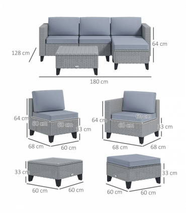 Outsunny 5 PCs Rattan Garden Furniture Set with Glass Coffee Table, Grey