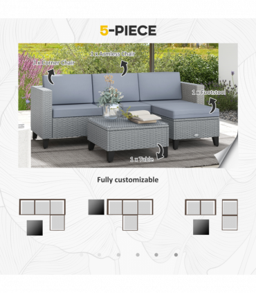 Outsunny 5 PCs Rattan Garden Furniture Set with Glass Coffee Table, Grey