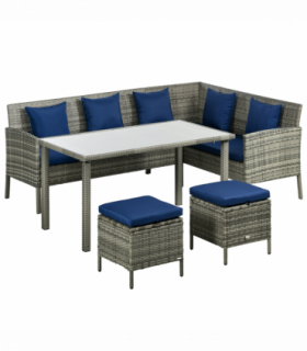 Outsunny 5Pcs Rattan Dining Corner Sofa Set, Garden Furniture Set, Dark Blue
