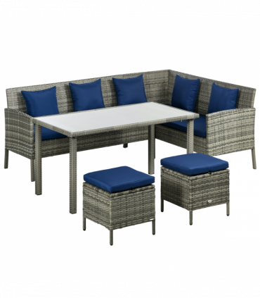 Outsunny 5Pcs Rattan Dining Corner Sofa Set, Garden Furniture Set, Dark Blue