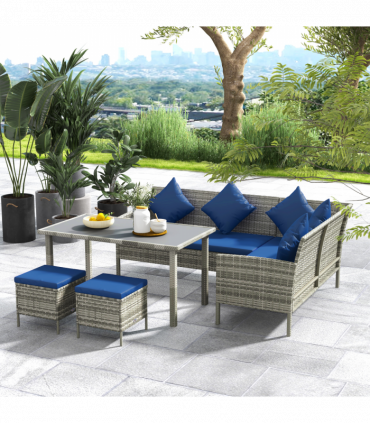 Outsunny 5Pcs Rattan Dining Corner Sofa Set, Garden Furniture Set, Dark Blue