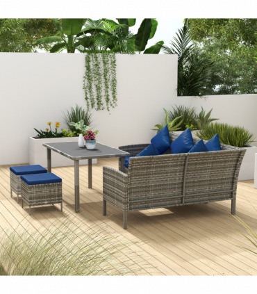 Outsunny 5Pcs Rattan Dining Corner Sofa Set, Garden Furniture Set, Dark Blue