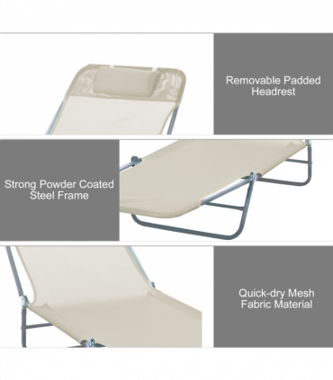 Outsunny Adjustable Sun Bed Garden Lounger Recliner Relaxing Camping Beige