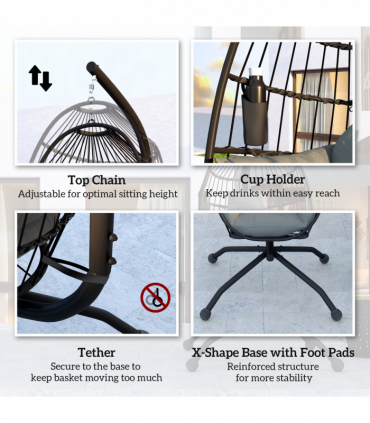 Outsunny Egg Chair Outdoor Indoor Garden Swing Chair, Folding Basket, Grey