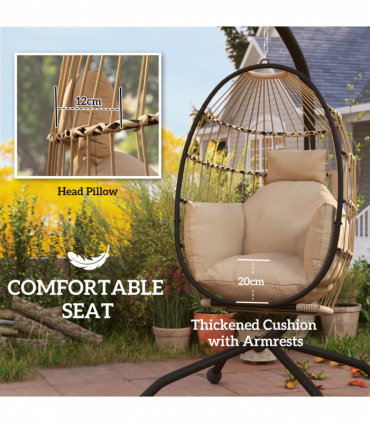 Outsunny Egg Chair Outdoor Indoor Garden Swing Chair, Folding Basket, Khaki