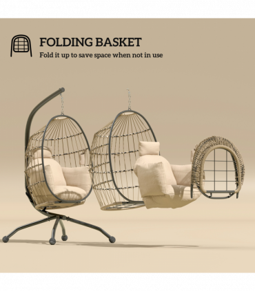 Outsunny Egg Chair Outdoor Indoor Garden Swing Chair, Folding Basket, Khaki