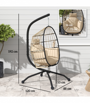 Outsunny Egg Chair Outdoor Indoor Garden Swing Chair, Folding Basket, Khaki