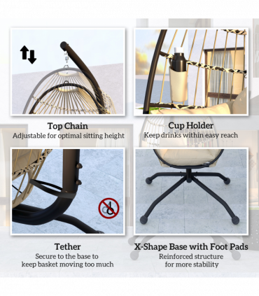 Outsunny Egg Chair Outdoor Indoor Garden Swing Chair, Folding Basket, Khaki