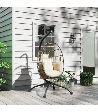 Outsunny Egg Chair Outdoor Indoor Garden Swing Chair, Folding Basket, Khaki