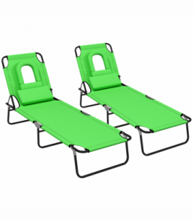 Outsunny Folding Sun Lounger Set of 2 Reclining Chair with Reading Hole Green