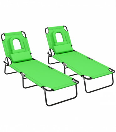 Outsunny Folding Sun Lounger Set of 2 Reclining Chair with Reading Hole Green