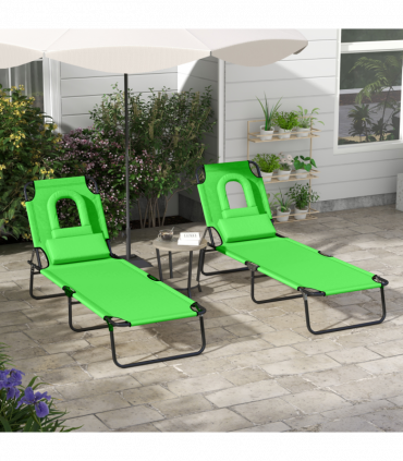 Outsunny Folding Sun Lounger Set of 2 Reclining Chair with Reading Hole Green