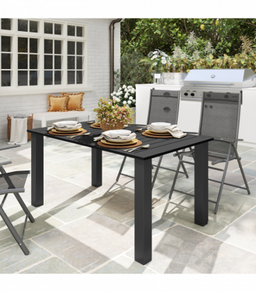 Outsunny Garden Table with Parasol Hole, Slatted Metal Tabletop, Black