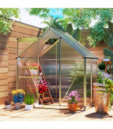 Outsunny Polycarbonate Walk-in Garden Greenhouse w/ Sliding Door Silver Tone