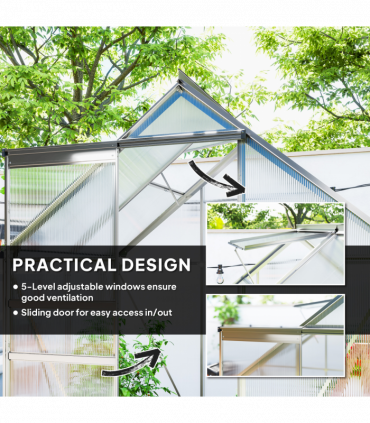Outsunny Polycarbonate Walk-in Garden Greenhouse w/ Sliding Door Silver Tone