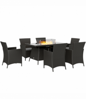 Outsunny Rattan Dining Set with Fire Pit Table and Armchairs, Black