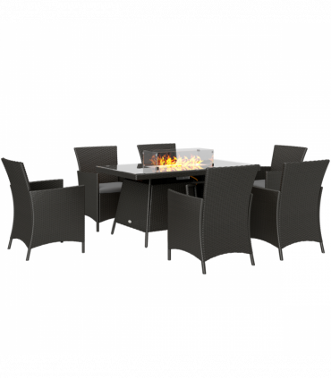 Outsunny Rattan Dining Set with Fire Pit Table and Armchairs, Black