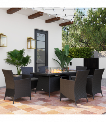 Outsunny Rattan Dining Set with Fire Pit Table and Armchairs, Black