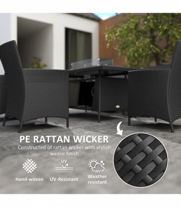 Outsunny Rattan Dining Set with Fire Pit Table and Armchairs, Black