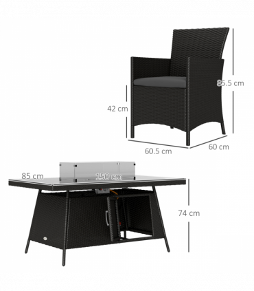 Outsunny Rattan Dining Set with Fire Pit Table and Armchairs, Black
