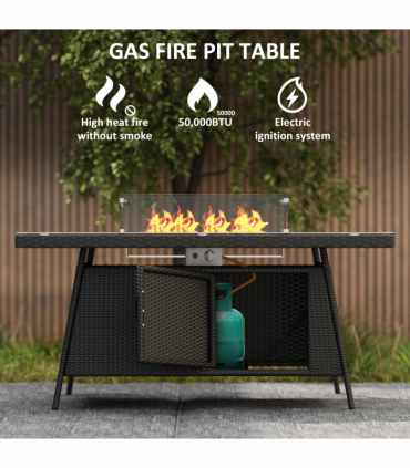 Outsunny Rattan Dining Set with Fire Pit Table and Armchairs, Black