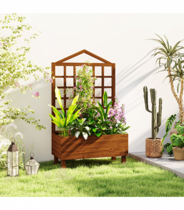 Outsunny Wooden Garden Planters with Trellis for Vine Climbing Plants Brown