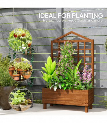 Outsunny Wooden Garden Planters with Trellis for Vine Climbing Plants Brown