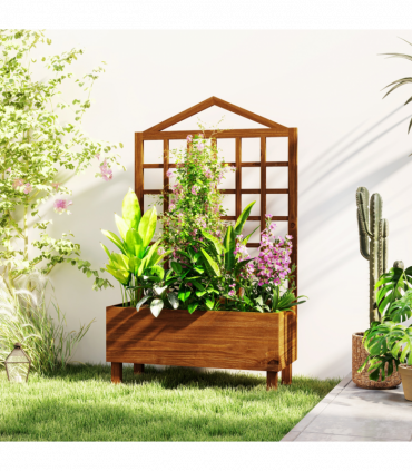 Outsunny Wooden Garden Planters with Trellis for Vine Climbing Plants Brown