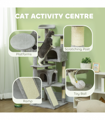 PawHut 138cm Cat Tree with Scratching Posts and Pad, Bed, Condos, Light Grey