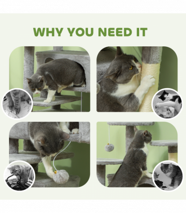 PawHut 138cm Cat Tree with Scratching Posts and Pad, Bed, Condos, Light Grey