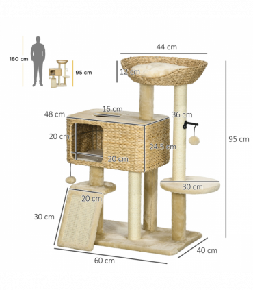 PawHut 95cm Cat Tree Tower with Scratching Post Cat House Ball Platform - Beige