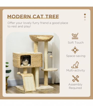 PawHut 95cm Cat Tree Tower with Scratching Post Cat House Ball Platform - Beige