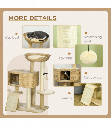 PawHut 95cm Cat Tree Tower with Scratching Post Cat House Ball Platform - Beige
