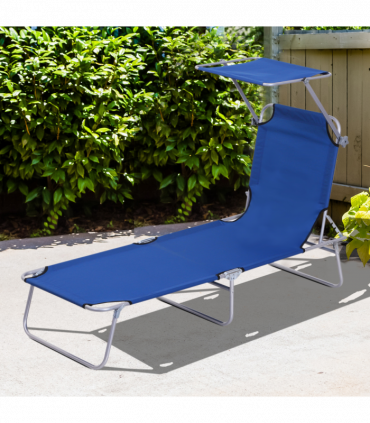 Reclining Chair Folding Lounger Seat & Sun Shade Awning Beach, Blue