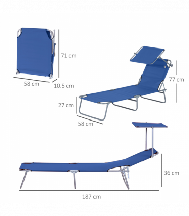 Reclining Chair Folding Lounger Seat & Sun Shade Awning Beach, Blue