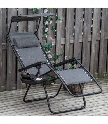 Steel Frame Zero Gravity Outdoor Garden Deck Chair with Canopy - Light Grey