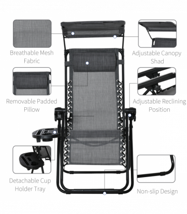 Steel Frame Zero Gravity Outdoor Garden Deck Chair with Canopy - Light Grey