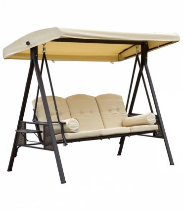 Steel Swing Chair Hammock Garden 3 Seater Canopy Cushion Shelter Beige
