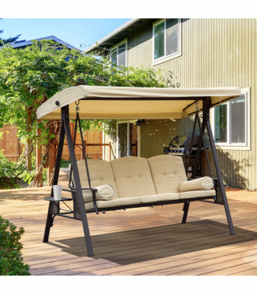 Steel Swing Chair Hammock Garden 3 Seater Canopy Cushion Shelter Beige