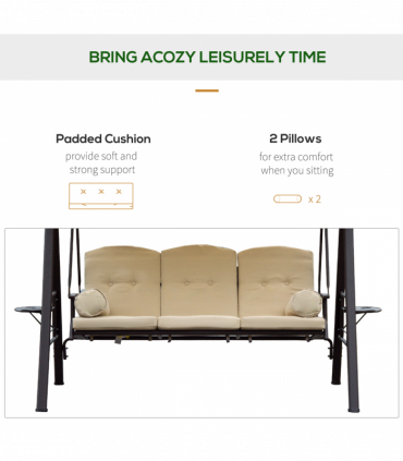 Steel Swing Chair Hammock Garden 3 Seater Canopy Cushion Shelter Beige