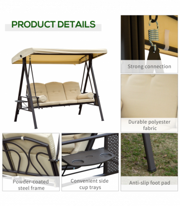 Steel Swing Chair Hammock Garden 3 Seater Canopy Cushion Shelter Beige