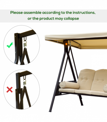 Steel Swing Chair Hammock Garden 3 Seater Canopy Cushion Shelter Beige