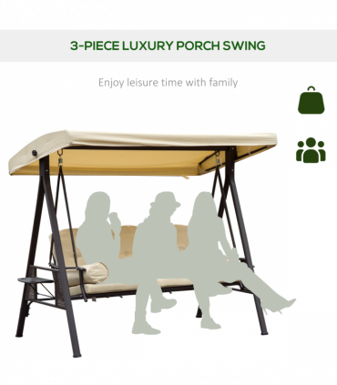 Steel Swing Chair Hammock Garden 3 Seater Canopy Cushion Shelter Beige