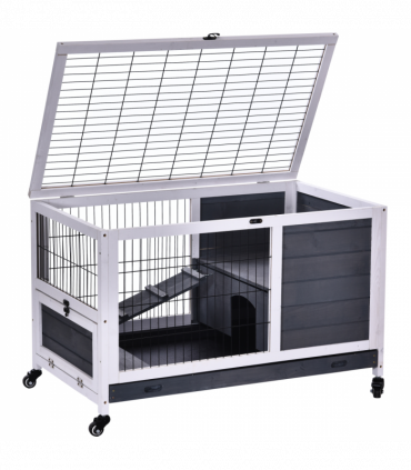 Wood Indoor Rabbit Hutch Elevated 2-Floor Guineas Pigs Cage w/ Wheels Pawhut