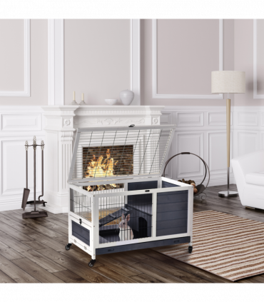 Wood Indoor Rabbit Hutch Elevated 2-Floor Guineas Pigs Cage w/ Wheels Pawhut